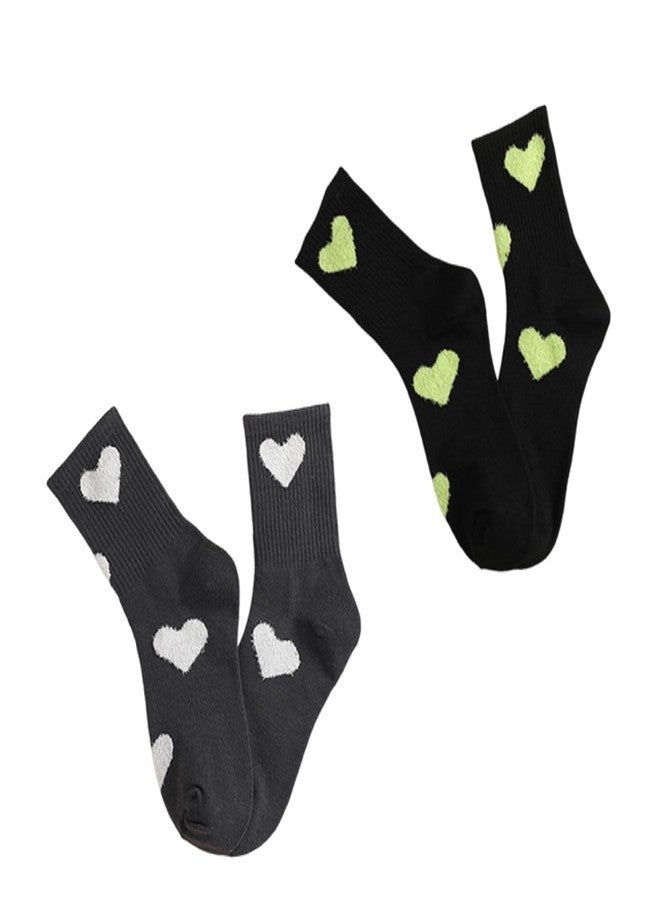 QFSH 2Pcs Cute Grey Black Mid Calf Heart Patterned Athletic Socks for Men Women - Image 1